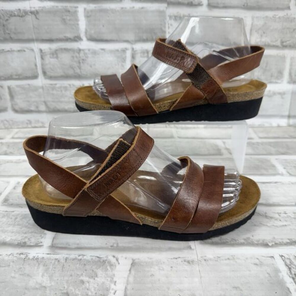 Naot Kayla Women's 40- US 9/9.5 Brown Leather Wedge Adjustable Comfort Sandal
